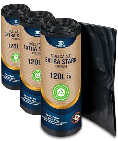 TONECO Profi Müllsäcke 120L EXTRA STARK 75μ - 60 Stück auf 3 Rollen -100% Recycelt - (20 bis 600 Säcke wählbar) - Rollengewicht 1,8 kg - XXL Mülltüten (60)