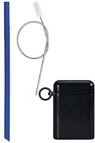 1PC Original Silicone Collapsible Straw Folding, Reusable, and Portable Straws for Travel, Includes Cleaning Brush and Carrying Case by Onlineforu (Black Box Blue Straw)