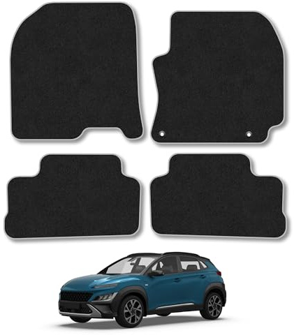 Fits Hyundai Kona (2017-2023) Carpet Car Mats | Grey Edge Trim Tailored Fit Floor Mats Full Coverage Protection Accessories Easy Clean Anti Slip Made in the UK
