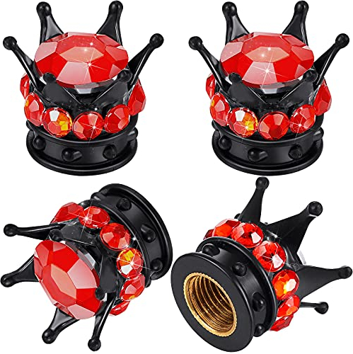 4 Stücke Bling Bling Ventilkappen Handgefertigte Kristall Strass Krone Fahrzeug Autoreifen Kappen Abdeckungen Chrom, Attraktives Staubdichtes Zubehör für Auto (Schwarz) (Red and Black)