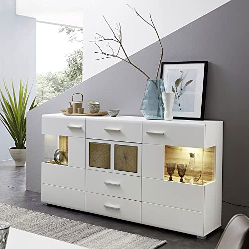 Lomadox Sideboard weiß Eiche Applikationen mit LED Beleuchtung und Glaseinsätzen, B/H/T: ca, 170/94/42 cm