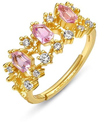 ASDFY Ring Schmuck,925 Sterling Silber Ring Retro Ausgehöhlt Rosa Morganit Zirkon Vergoldet Offen Verstellbare Ringe Schmuck Geschenke Für Jungen Mädchen Männer Frauen