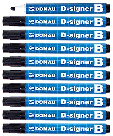 DONAU D-Signer B Tafel-Marker Whiteboard-Marker Boardmarker / 10 Stück/Schwarz/Rundspitze 2-4 mm/Trocknungsbeständig - bis zu 72 Stunden ohne Kappe/Nicht Toxische Tinte