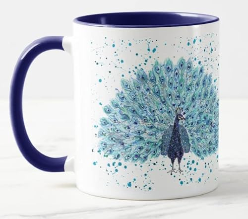 Vixar Peacock Bird Watercolour Art Coloured Mug Cup Gift Birthday Work Office Christmas Tea Coffee (Navy)