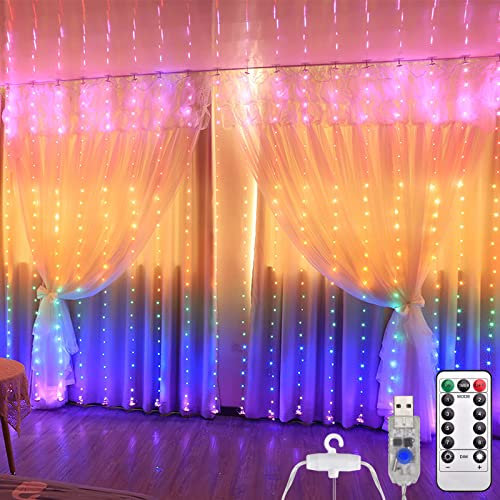 DUOJIN LED Lichtvorhang Regenbogenvorhang Lichterketten vorhang, angetrieben durch USB mit 8 Modi und Fernbedienung Timer, für Weihnachtsdekoration, Fenster, Hochzeit, Garten, Schlafzimmer (7-Farben)