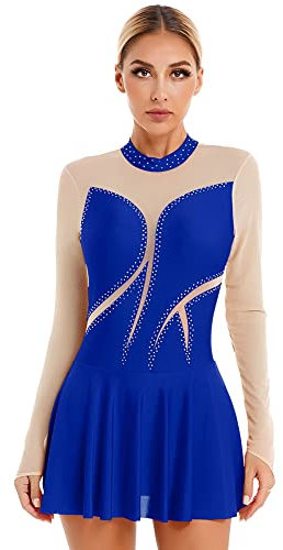 iEFiEL Damen Langarm Ballettkleid Eiskunstlauf Kleid mit Glitzer Kristallen Ballettkleidung Gymnastik Leotard Turnanzug Tanzkostüm Zb Royal Blau M