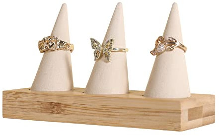 GemeShou Beige Holzring-Lagerorganisator, Sammet-Schmuckring-Ausstellungständer-Halter, Niedliches Ring-Ausstellungständer zum Verkauf, Hochzeit-Ring-Halter am Nachttisch 【Beige mit drei Kegeln】
