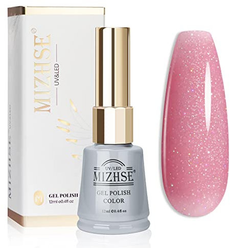 MIZHSE Pink Gel Nail Polish Shimmery Rose Jelly Color Natural Polish Glitter Sparkle Pink Nail Gel 12ML Soak off UV LED for Home Salon DIY