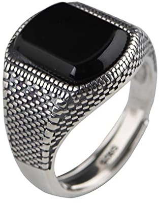 Mesnt Hochzeit Ringe, 925 Sterling Silber Punk Vintage mit Achat Ring für Männer FrauenSilber Schwarz, Größe Einstellbar