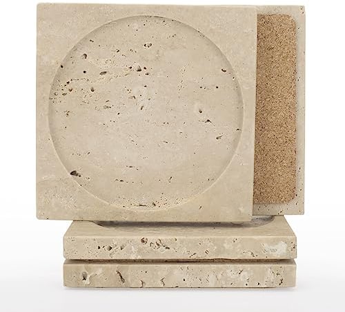WORHE Marmoruntersetzern 4er-Set, Beiger Travertinstein für Kaffeetasse, kalte Wassertasse, Einweihungsgeschenk, Heimdekoration für Bar, Hotel, Restaurant DL022