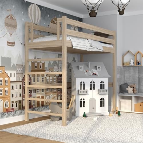 N-wood N01 Hochbett, Etagenbett 90x200 cm, aus Eichenholz, 2 Leitermontageseiten: Links oder rechts, Stabile Massivholzkonstruktion, inklusive Lattenrost, Skandinavischer Stil, gebleichtes Eichenholz