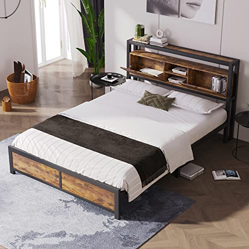 Oyemige Doppelbett 140x200 mit lattenrost, Bett aufbewahrungsfunktion, Metallbett, Jugendbett, für Erwachsene & Jugendliche, Einfache Montage, Keine Matratze (Braun, Doppelbett 140x200)