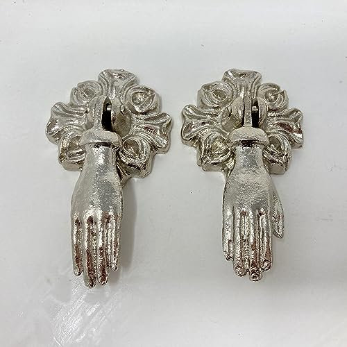 Victorian Style Pair (x 2) Vintage Hands Iron Drawer Pulls, French Chic, Cabinet Door Handle, Door Knob (Silver)