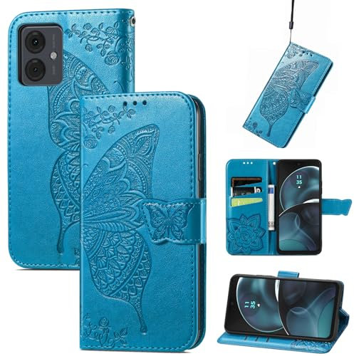 JIUNINE Coque pour Motorola Moto G14, Antichoc Housse étui en Cuir PU Flip Case Portefeuille à Rabat avec Motif Papillon [Porte Carte] [Fermeture Magnétique] pour Motorola Moto G14, Bleu