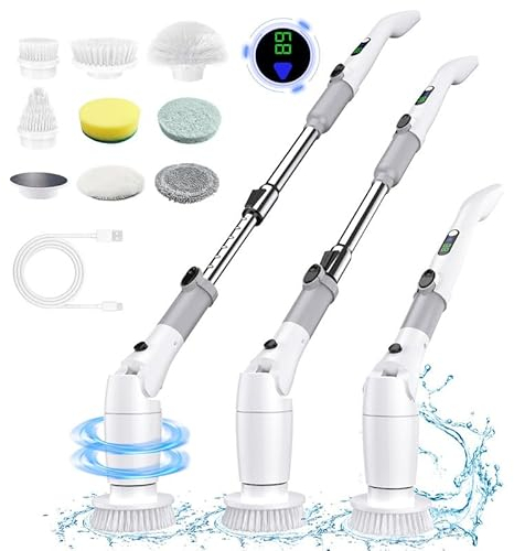 Cepillo Electrico Limpieza hogar, Cepillo Limpieza Electrico sin Cable Velocidad de 550 RPM Velocidad con 8 Cabezales Intercambiables Y Mango Extensible Ajustable para Baño, Cocina, Coche, Paredes