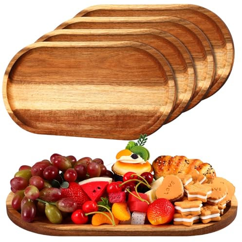 Tanlade 4 Pieces Wooden Serving Tray, Oval Serving Tray Rustic Wood Trays for Crafts Large Decorative Wooden Serving Platter for Tea Coffee Table Cup Food Kitchen Dessert Veggie (16 x 10 Inch,Acacia)