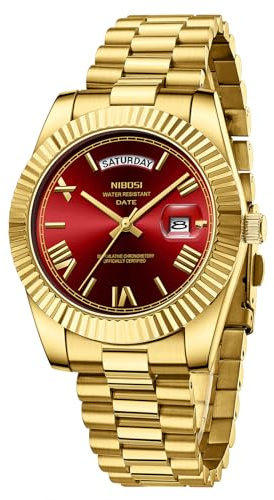 NIBOSI Men's Analog Quartz Watch, Gold Stainless Steel, Day Date