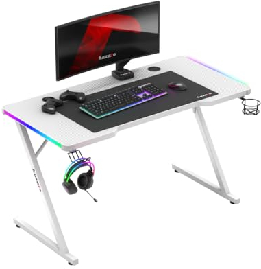 huzaro Hero 2.5 | RGB-Beleuchtung LED PC Tisch Gaming Schreibtisch Computertisch | Getränkehalter Kopfhörerhalter | USB-Ladeanschluss | Homeoffice Gamer | Carbon Tischplatte | 120x60cm | Weiß