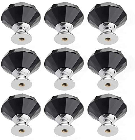 9 Pieces Crystal Glass Cabinet Knobs, Dresser Drawer Furniture Door Knob Pulls Handles for Kitchen, Wardrobe and Cupboard (Black)
