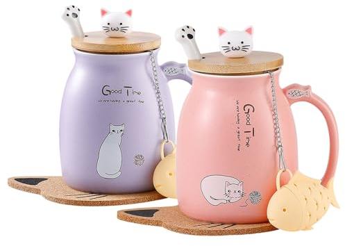 Katzen-Tasse Süße Keramik Kaffeetasse mit deckel,Edelstahl Löffel, Neuheit Morgen Cup Tee Milch Weihnachten Becher Geschenk 380ML (Rosa & Lila)