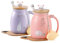 Katzen-Tasse Süße Keramik Kaffeetasse mit deckel,Edelstahl Löffel, Neuheit Morgen Cup Tee Milch Weihnachten Becher Geschenk 380ML (Rosa & Lila)