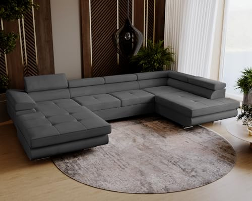 Emporius Ecksofa Sorlo U - Couch mit Schlaffunktion, verstellbare Kopfstützen, Bettkasten - Couch 345 cm U-Form - Ottomane rechts freistehend - Samtstoff Velvet (Dunkelgrau - Amor Velvet 4318)