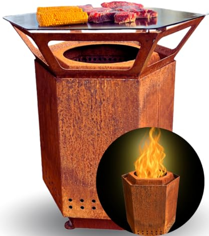 Terma 2IN1 Smofree klein Massive rost Patina Feuerstelle inkl. Feuerplatte Raucharm Größe 63x76 cm für Terrasse & Garten Made in Germany Holzkohlegrill Fast rauchfrei Feuerkorb