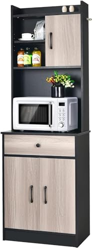 GOPLUS Meuble de Rangement avec Stockage à Plusieurs Niveaux avec Trous de Cable, Buffet Haute de Cuisine avec Étagère Réglable, pour Salon, Cuisine, 60x40x180cm (Noir)