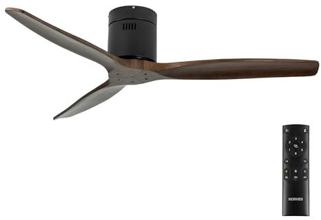 NORHES Kent Ventilador Techo Sin Luz Negro/Madera Oscura. 3 Aspas Ø132cm. Motor DC. Verano/Invierno. 6 Velocidades. Control Remoto Temporizador. Bajo Consumo Silencioso. Brisa Natural