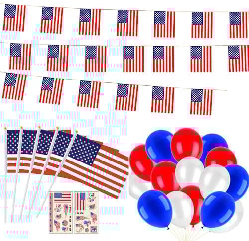 Drapeau Américain - 10 Mini Drapeau USA Avec Baton 10m Banniere Etats Unis Bunting 30 Balloons 2 Autocollants Sur le 4 juillet Décoration Patriotique Anniversaire Fête de l'Indépendance
