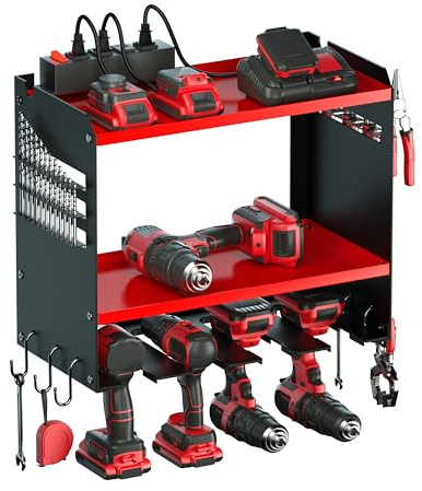 Spampur Power Tool Organizer Wall Mount with Charging Station, Tool Battery Holder with 4 Outlet Power Strip15 Min Assembly & Maximum 100lb load by Heavy Duty Metal, 4/6/8 Slots for Cordless Drill