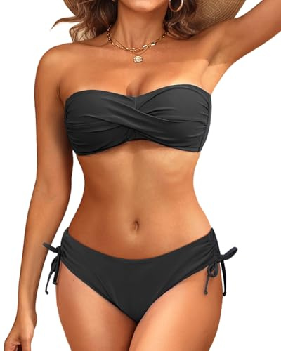 Women's Black Strapless Bandeau Bikini Set - Twist Front Two Piece Swimsuit Top with Side Tie Bathing Suit Bottom S