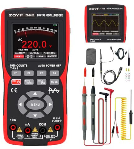 ZOYI Oscilloscope Multimeter 10 MHz, 48 MSa/s + 9,999‑Count Auto‑Ranging True RMS Digital Multimeter, Temperature, Rechargeable, 2.8″ Colour Display, CAT IV (ZT‑702S)
