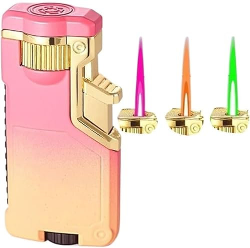Briquet à flamme coupe-vent, briquet torche à dégradé de 3 couleurs, briquet au butane rechargeable, réglable rose/orange/vert/flamme, adapté aux bougies, au camping (butane non inclus)(Pink)