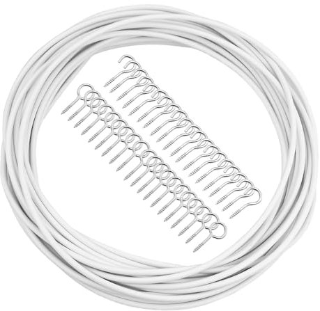 Alambre de cortina de 11 metros, color blanco, con revestimiento de plástico, con 20 ganchos y 20 ojales, juego de cuerda de alambre para barras de cortina, cortinas de ducha