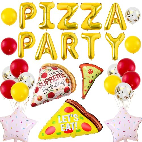Pecration Pizza Party Dekorationen Luftballons - 30 Stück Pizza Gold Buchstaben Stern Mylar Folie Latex Ballon, Happy Birthday Party Supplies für Kinder Jungen Mädchen Babyparty