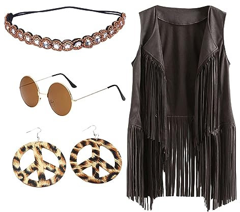 70er Jahre Hippie Kostüm Damen Set mit Fransenweste Faschingskostüme Frauen Indianer Outfit Cowboy Cowgirl Weste Karneval Kleidung Damen Accessoires Bekleidung Vintage Disco Party für Damen