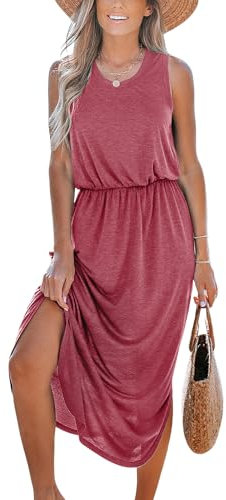 CUPSHE Women's Maxi Summer Dress Sleeveless Round Neck Cinched Waist Dress Side Slit Tunic A-Line Casual Dresse Rose Pink M