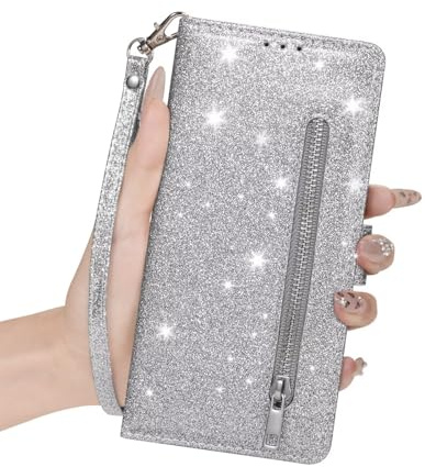 BEENTRYS Handyhülle für Samsung Galaxy A56 5G Hülle,Glitzer Glitter Bling Kartenfach Standfuntion Flip Case Reißverschluss Magnetisch Brieftasche Mädchen PU Leder Klapphülle Schutzhülle-Silber