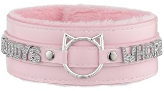 ADEMISHIA Handgefertigter Halsreif für Frauen – Katzenohr-O-Ring Punk Goth Buchstaben-Choker, schwarz/rosa pelziger Alt Modeschmuck (DADDY, Rosa)