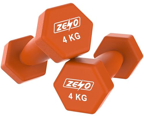 ZENO Dumbbells Set Of 2 | Dumbbells for Women | Hexagon Neoprene Weights | Hand Weights for Women | Anti-Slip & Sweat Resistant Dumbells (2 X 4KG Orange)