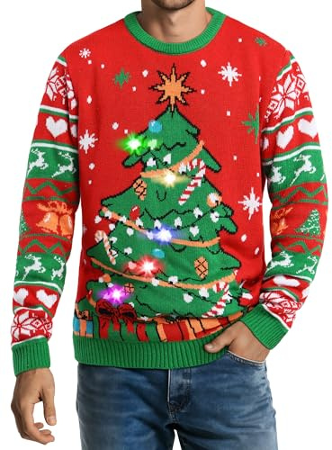 Cooraby Men's Ugly Christmas Sweater LED Light Up Xmas Jumpers Funny Knitted Sweaters with Light Bulbs for Holiday Party
