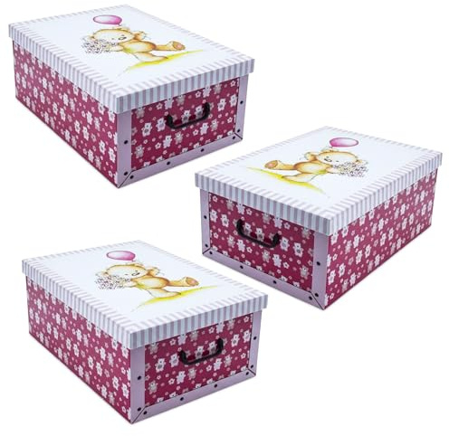 Spetebo 3er Set Aufbewahrungsbox mit Deckel 51 x 37 cm - Pink Teddy | Stapelbox aus Pappe, Mit Griffen, 45 Liter, Stapelbar