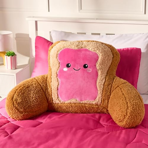 OHS Jam Toast Cuddle Cushion, Reading Pillow for Bed Super Soft Teddy Fleece Kids Cushions with Arms Back Support Snuggle Hug Pillow Relaxing At Home, Natural/Hot Pink - 45 x 40 x 30cm