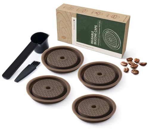 Återanvändbara silikonlock set för VertuoLine påfyllningsbara kaffekapslar med sked och borste, värmebeständig för färsk espressobryggning 4 lock
