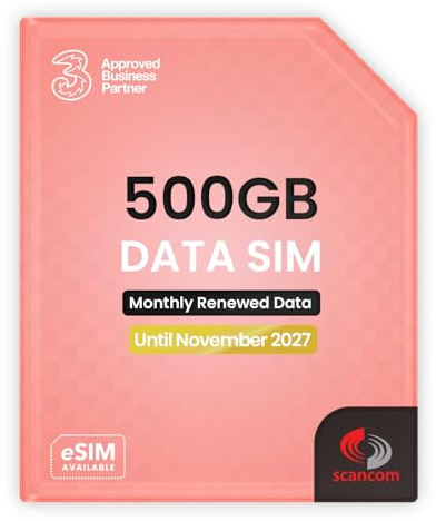 Three 500GB Data SIM Card – for Portable WiFi, Routers & Phones – Preloaded Monthly Until November 2028 – Dual Network (Three & Vodafone) Stronger Coverage