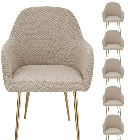 Stuhlhussen mit Armlehne Stretch, Jacquard Sesselbezug Waschbar – Elastische Stuhlhussen für Esszimmerstuhl Küche Büro Schminktischstühle(Khaki,6PCS)