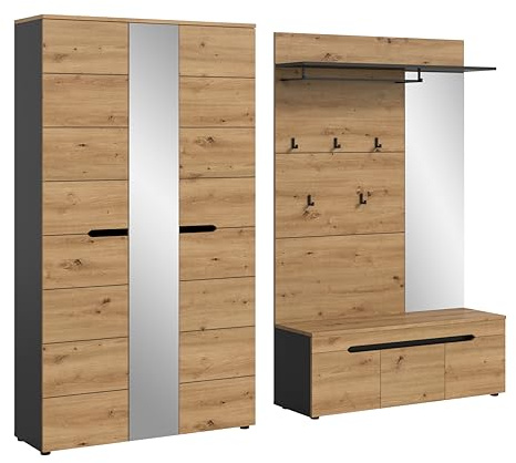 xonox.home – Garderobenkombination Canu 240x190x37 cm in Artisan Eiche & Basaltgrau – 3-teiliges Set aus Garderobenschrank, Sitzbank & Spiegelpaneel – Stauraum für Schuhe & Kleidung im Flur