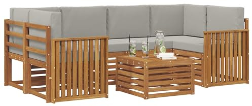 vidaXL Sofagarnituren 7 pcs Natürlich und Hellgrau Massivholz Akazie, Garten-Sofa-Eckgarnitur, strapazierfähiges Lounge-Möbel, modernes Patio-Set für chilliges Terrassenleben