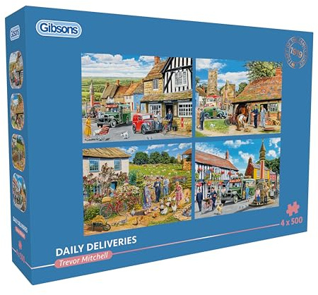 Gibsons Daily Deliveries 4 x 500 Teile Puzzle Set für Erwachsene - Vier bezaubernde nostalgische Landszenen von Trevor Mitchell - Village Life Collection - Premium Multi‑Box Puzzle Geschenkset